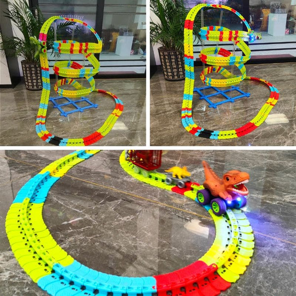 Circuit Voiture Dinosaure Suspendu coloré avec jouet dinosaure sur un sol en marbre - Cocon d'Ange.