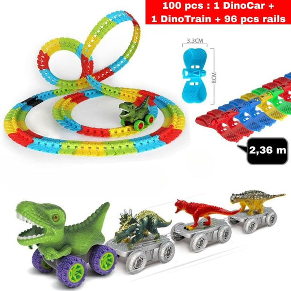 Ensemble de jouets dinosaures avec circuit, voitures et train sur fond blanc –  100 pièces. Circuit Voiture Dinosaure Suspendu - Cocon d'Ange.