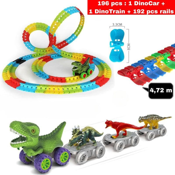 Ensemble de jouets dinosaures avec circuits et voitures sur fond blanc, 196 pièces – Circuit Voiture Dinosaure Suspendu - Cocon d'Ange.