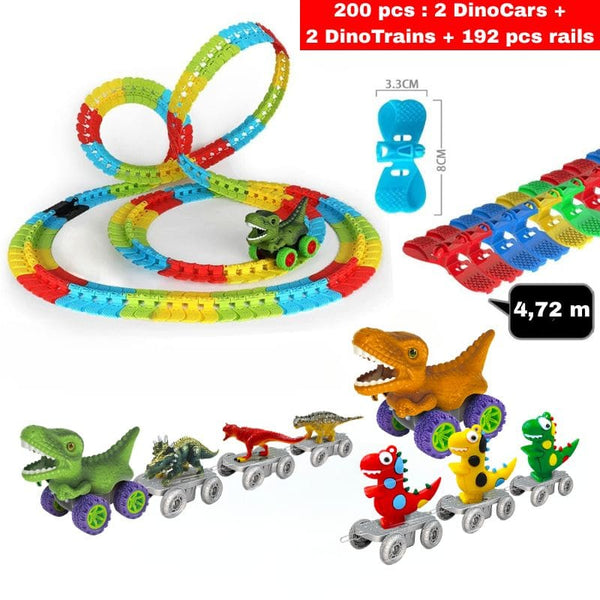 Ensemble de jouets dinosaures avec circuits et voitures sur fond blanc, 200 pièces – Circuit Voiture Dinosaure Suspendu - Cocon d'Ange.