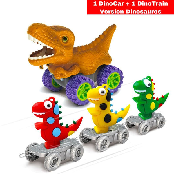 Ensemble de jouets dinosaures comprenant un grand dinosaure orange à roulettes et trois petits dinosaures colorés sur circuit – Circuit Voiture Dinosaure Suspendu - Cocon d'Ange.