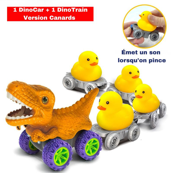 Ensemble de jouets avec voiture dinosaure et canards en caoutchouc sur fond blanc – Circuit Voiture Dinosaure Suspendu - Cocon d'Ange.