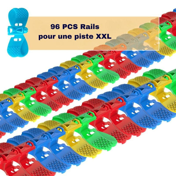 Pistes en plastique colorées avec indication de la quantité sur fond blanc – Circuit Voiture Dinosaure Suspendu - Cocon d'Ange.