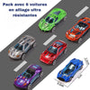 Ensemble de six voitures miniatures en alliage ultra-résistant sur une surface de route avec dimensions indiquées – Camion Dinosaure Transporteur – Circuit Voiture Enfant. - Cocon d'Ange.