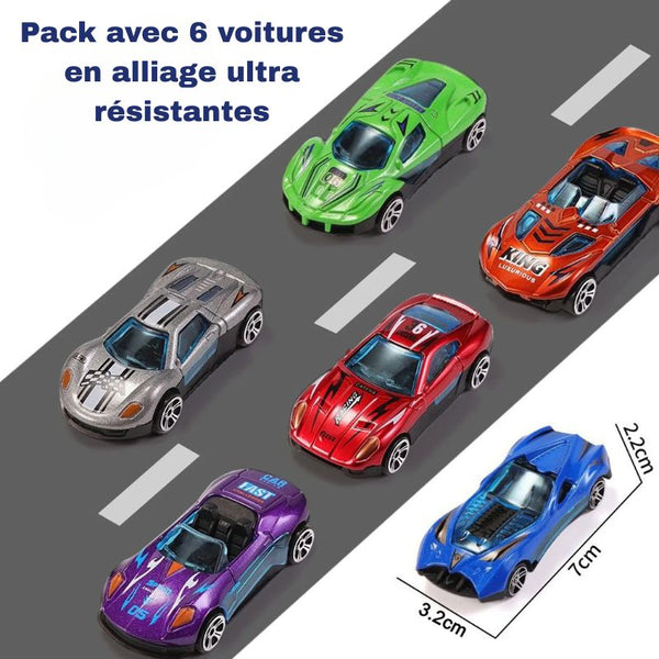 Ensemble de six voitures miniatures en alliage ultra-résistant sur une surface de route avec dimensions indiquées – Camion Dinosaure Transporteur – Circuit Voiture Enfant. - Cocon d'Ange.