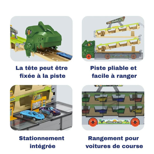 Circuit dinosaure avec piste flexible et rangement pour voitures – Camion Dinosaure Transporteur – Circuit Voiture Enfant. - Cocon d'Ange.