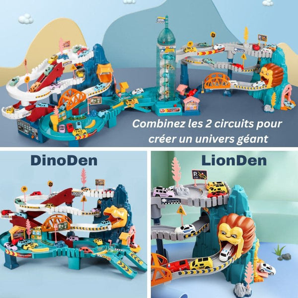 Circuit voiture enfant avec les thèmes DinoDen et LionDen sur fond bleu.