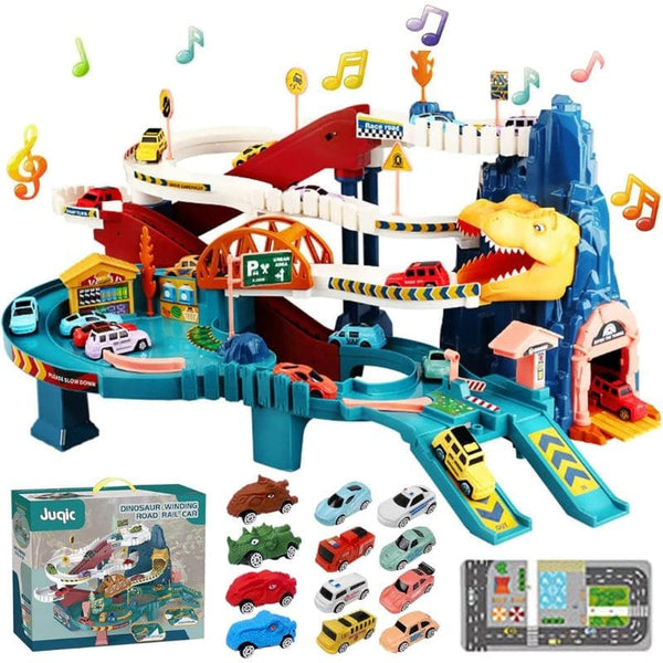 Circuit voiture enfant avec 12 voitures et structures sur le thème des dinosaures, incluant le logo Juqic.