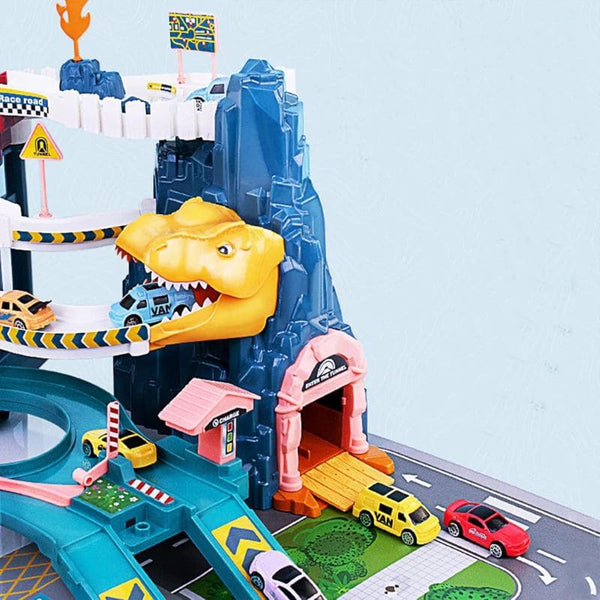 Circuit voiture enfant dinosaure avec voitures sur une piste.