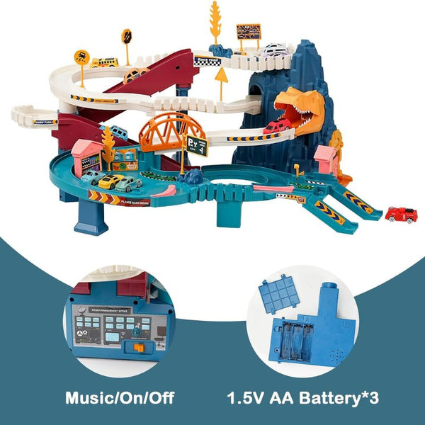 Circuit voiture enfant avec voitures et figurine dinosaure sur fond blanc.