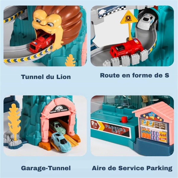 Circuit voiture enfant avec tunnel lion, route en S, garage-tunnel et station-service sur fond bleu clair. Circuit Voiture Enfant tanière de lion