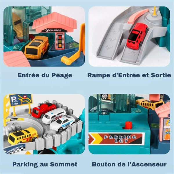 Circuit voiture enfant avec parking, voitures et multiples fonctionnalités sur fond bleu. Circuit Voiture Enfant tanière de lion