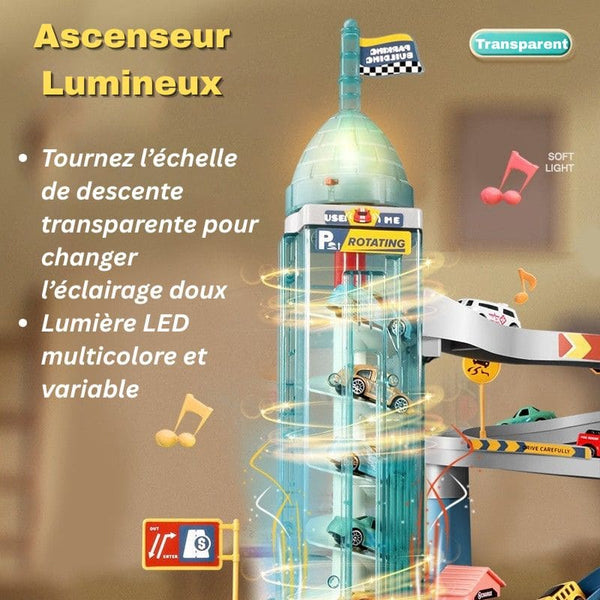 Ascenseur jouet pour circuit voiture enfant avec escalier transparent et lumières LED, sur fond beige. Circuit Voiture Enfant tanière de lion