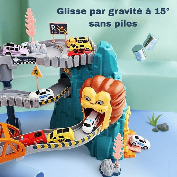 Circuit voiture enfant avec lion décoratif et petites voitures, sur surface bleue. Circuit Voiture Enfant tanière de lion