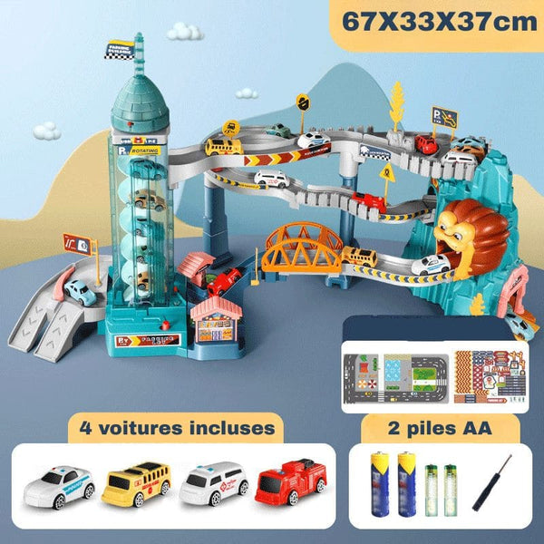 Circuit voiture enfant avec accessoires et 4 petites voitures sur fond bleu. Circuit Voiture Enfant tanière de lion
