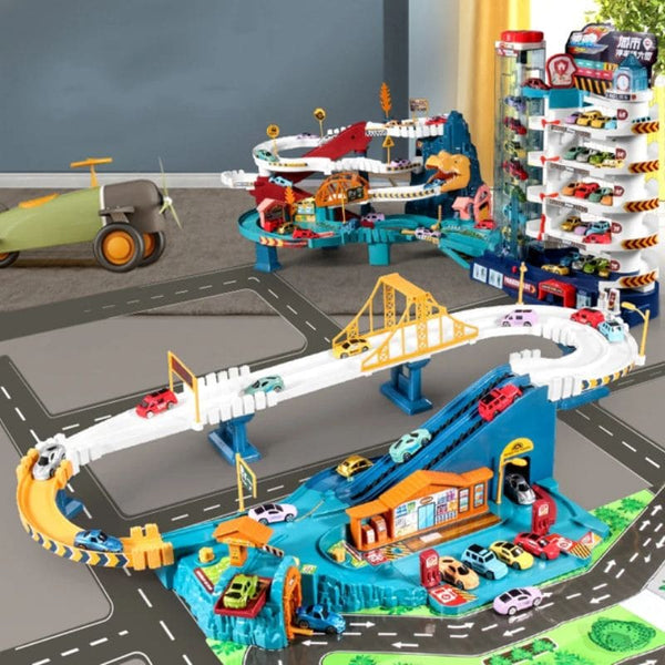 Circuit Voiture Enfant complet avec pont suspendu, garage interactif, tanière de dinosaure et nombreuses voitures colorées sur tapis de jeu