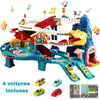 Circuit Voiture Enfant avec 4 voitures et structures sur fond blanc. Circuit Voiture Enfant tanière de dinosaure