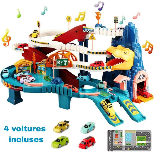 Circuit Voiture Enfant avec 4 voitures et structures sur fond blanc. Circuit Voiture Enfant tanière de dinosaure