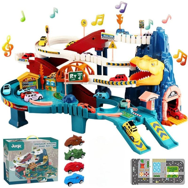 Circuit voiture enfant avec 4 voitures et structures sur le thème des dinosaures, incluant le logo Juqic.