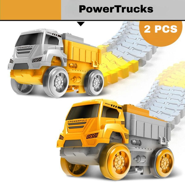 Deux petits camions à benne avec la marque PowerTrucks sur fond blanc. Circuit Voiture Enfant.