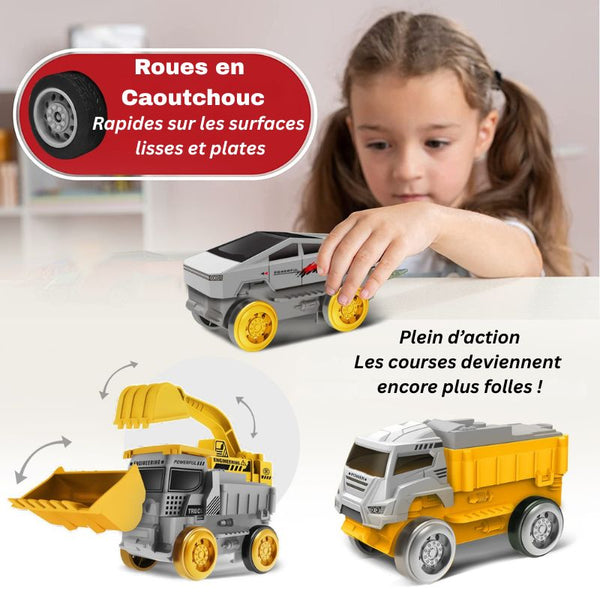 Fillette jouant avec des petites voitures d'un Circuit Voiture Enfant sur fond blanc, avec un texte sur les roues en caoutchouc et les déplacements rapides sur des surfaces lisses.