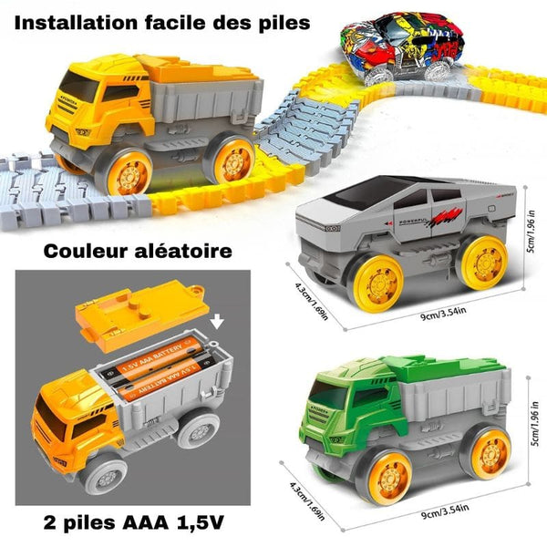 Ensemble de camions jouets avec rails et batterie, présentant des couleurs et des dimensions aléatoires du Circuit Voiture Enfant.