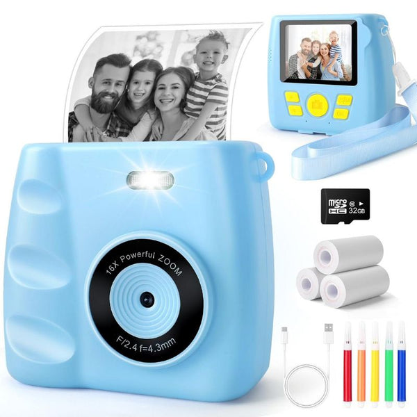 Kit complet Appareil Photo Enfant bleu avec Impression Instantanée, rouleaux papier, câble et cartes