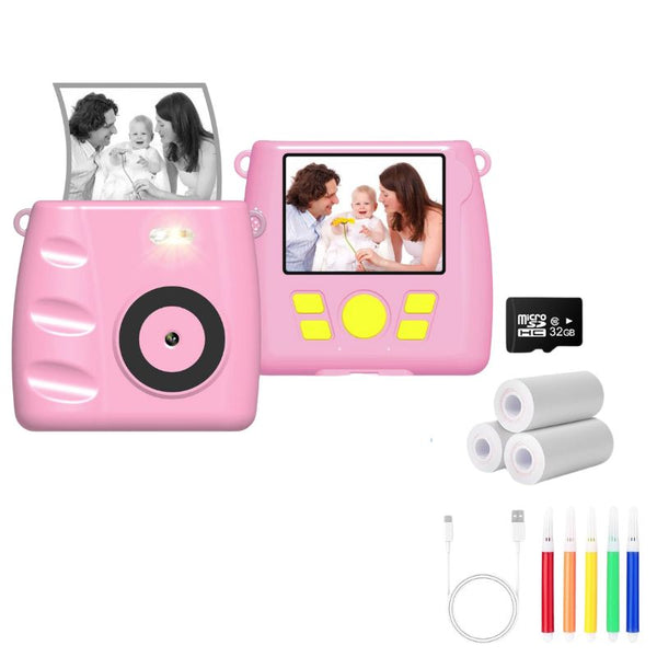 Kit complet Appareil Photo Enfant rose avec Impression Instantanée, rouleaux papier, câble et cartes