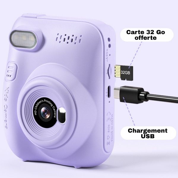 Appareil Photo Enfant violet avec Impression Instantanée, carte mémoire 32 Go et recharge USB – Cocon d'Ange