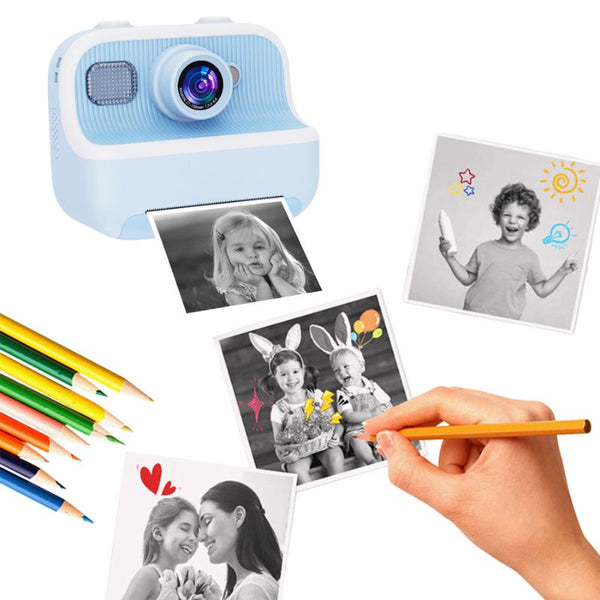 Appareil photo instantané pour enfants avec photos et crayons de couleur sur fond blanc - Appareil Photo Enfant Impression Instantanée Sans Encre