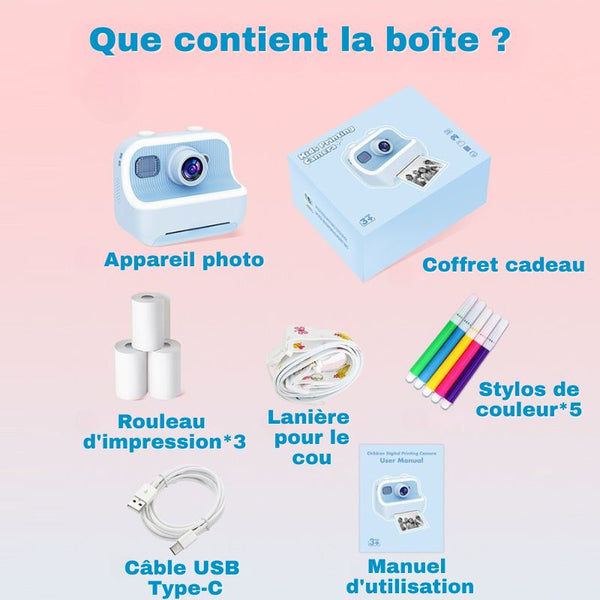Emballage du produit avec les articles inclus dans la boîte sur fond rose - Appareil Photo Enfant Impression Instantanée Sans Encre