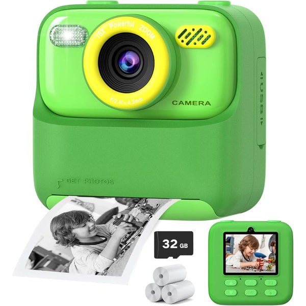 Appareil Photo Instantané pour Enfant vert avec impression photo et carte mémoire incluse
