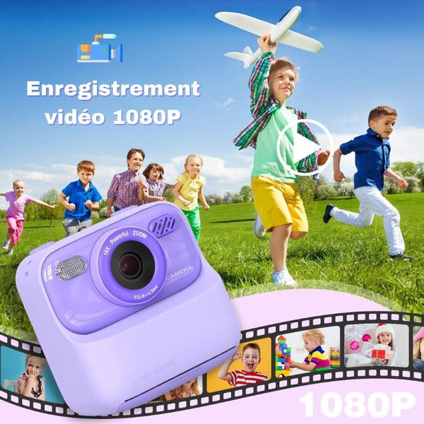 Des enfants jouant dehors avec un appareil photo jouet violet et un texte indiquant « enregistrement vidéo 1080P » - Appareil Photo Instantané pour Enfant