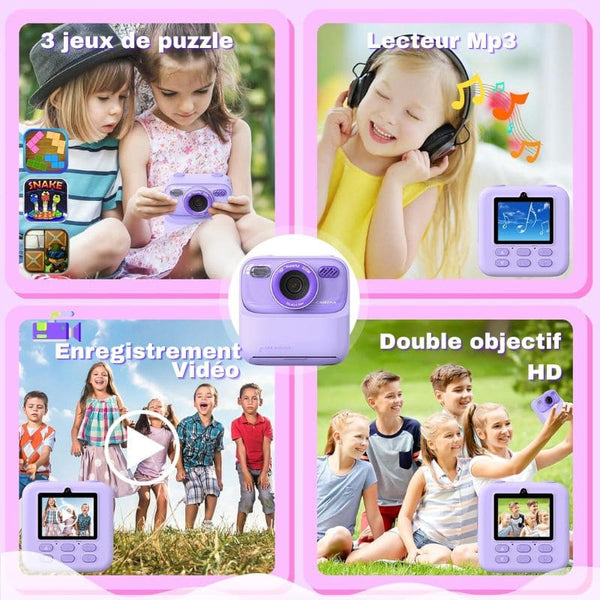 Collage d'enfants utilisant un appareil photo jouet avec différentes fonctionnalités mises en avant - Appareil Photo Instantané pour Enfant