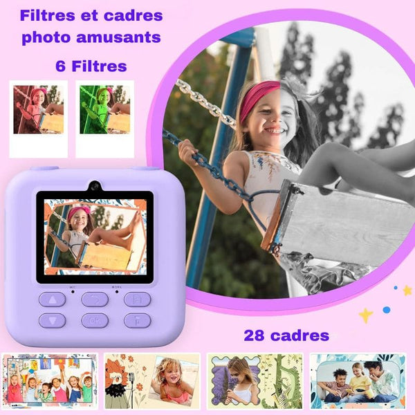 Appareil photo numérique avec interface d'application de retouche photo, montrant une fille sur une balançoire avec des options de filtre affichées - Appareil Photo Instantané pour Enfant
