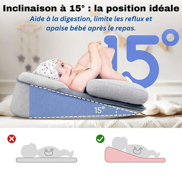 Inclinaison à 15° du Coussin Bébé Anti-Reflux illustrant la position idéale après le repas – Cocon d'Ange