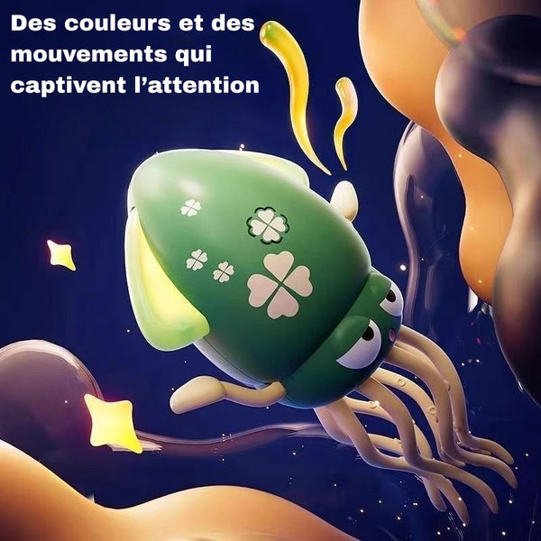 Pieuvre colorée de style cartoon avec motifs de trèfles sur fond bleu foncé – Pieuvre Dansante
