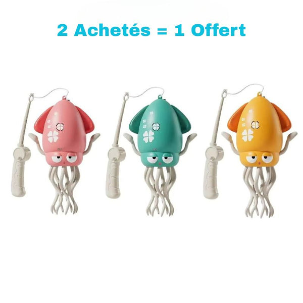 Trois jouets en forme de pieuvre colorée avec un texte promotionnel au-dessus sur fond blanc – Pieuvre Dansante