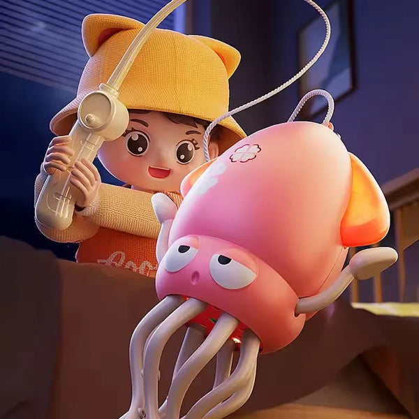 Personnage de dessin animé avec un chapeau jaune tenant un jouet pieuvre rose en intérieur – Pieuvre Dansante