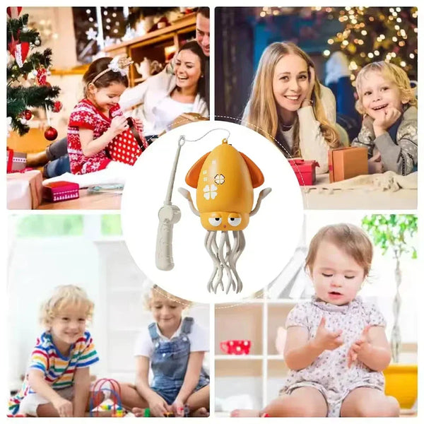 Montage d’une pieuvre jouet avec des enfants en train de jouer et une famille réunie autour d’un sapin de Noël – Pieuvre Dansante