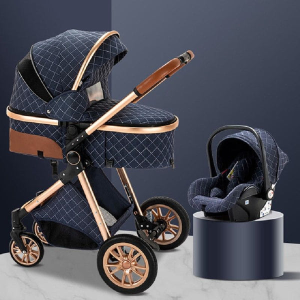 Poussette 3 en 1 Bleu Royale avec finitions dorées et siège auto bébé – Cocon d'Ange