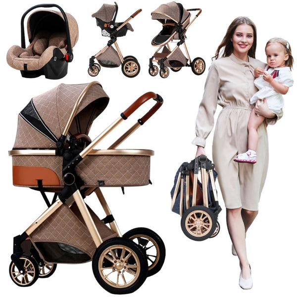 Vue complète des 3 configurations de la poussette 3 en 1, avec une maman tenant son enfant – Cocon d'Ange