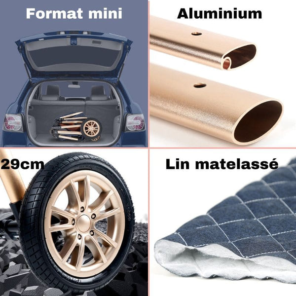 Châssis plié dans un coffre de voiture, aluminium doré et tissu matelassé – Poussette 3 en 1 – Cocon d'Ange
