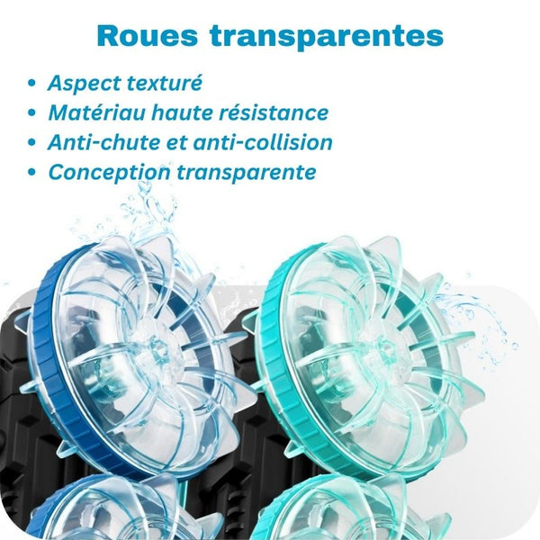 Gros plan des roues transparentes haute résistance de la Voiture Télécommandée Amphibie – Cocon d'Ange