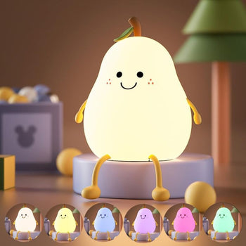 Veilleuse bébé poire multicolore avec six options de lumière LED.