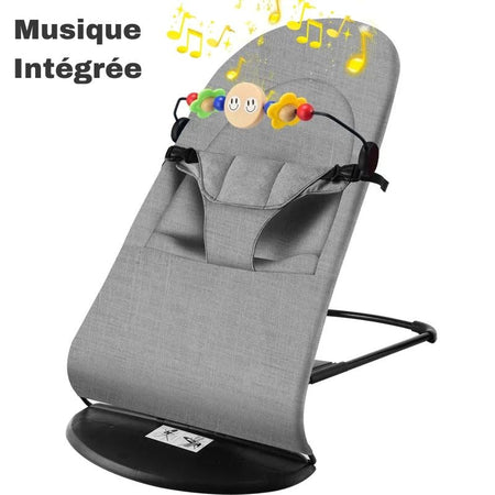 Transat bébé gris avec options musicales pour apaiser bébé.