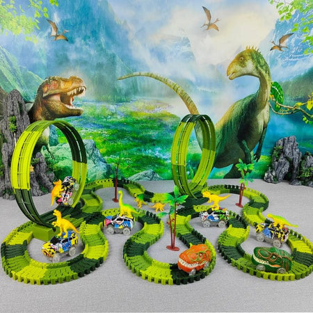 Vue complète du circuit voiture dinosaure avec un fond de décor jurassique.