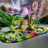 circuit voiture dinosaure éclairé, mettant en scène des dinosaures et des voitures pour une expérience immersive unique.