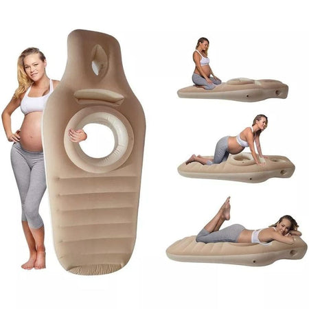 Femme enceinte utilisant un Coussin de Grossesse Gonflable beige pour un confort optimal.