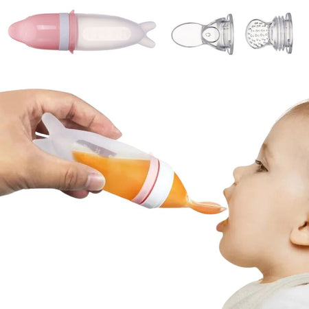 Biberon cuillère en silicone avec couvercle rose et embout pour nourrir les bébés facilement.
